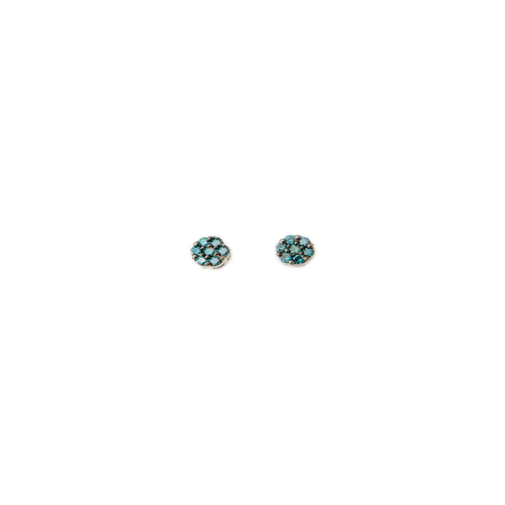Small earrings with a floral pattern featuring blue, black, and silver beads on a white background.