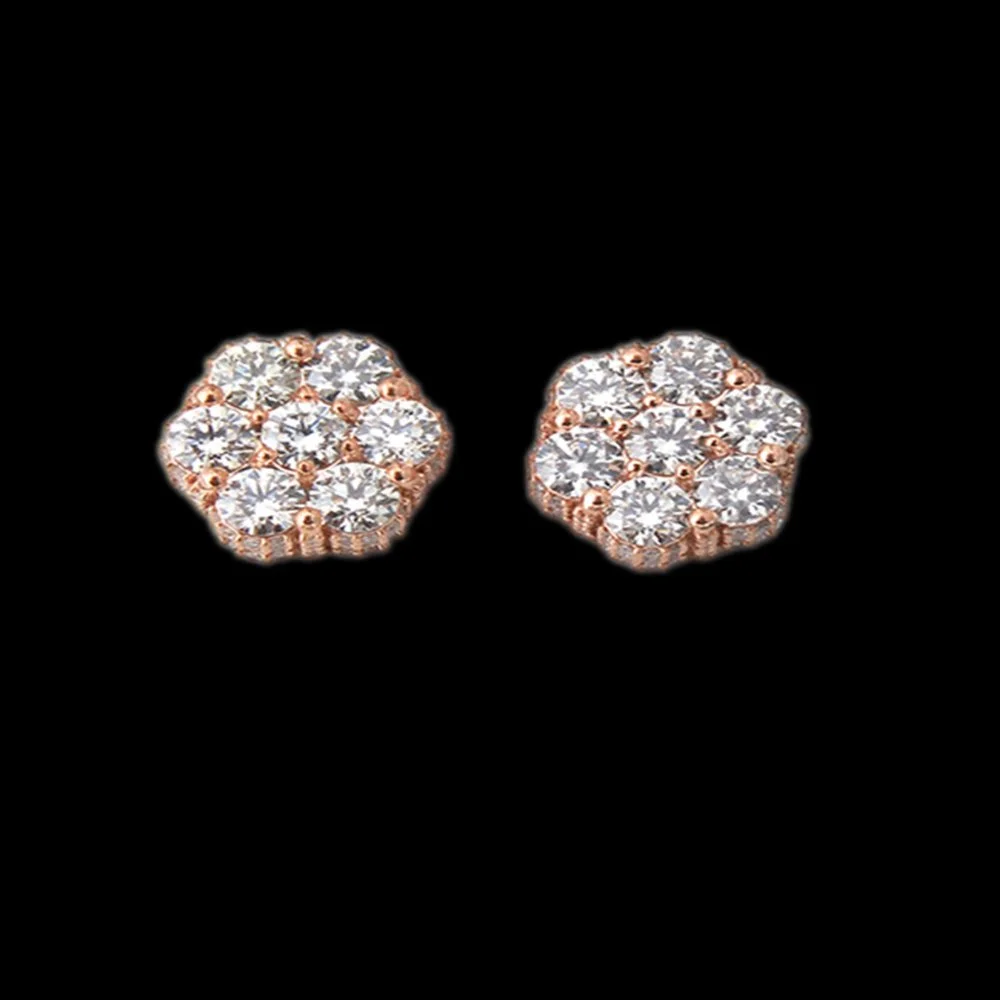 Pair of rose gold earrings with cluster of diamonds on each earring.