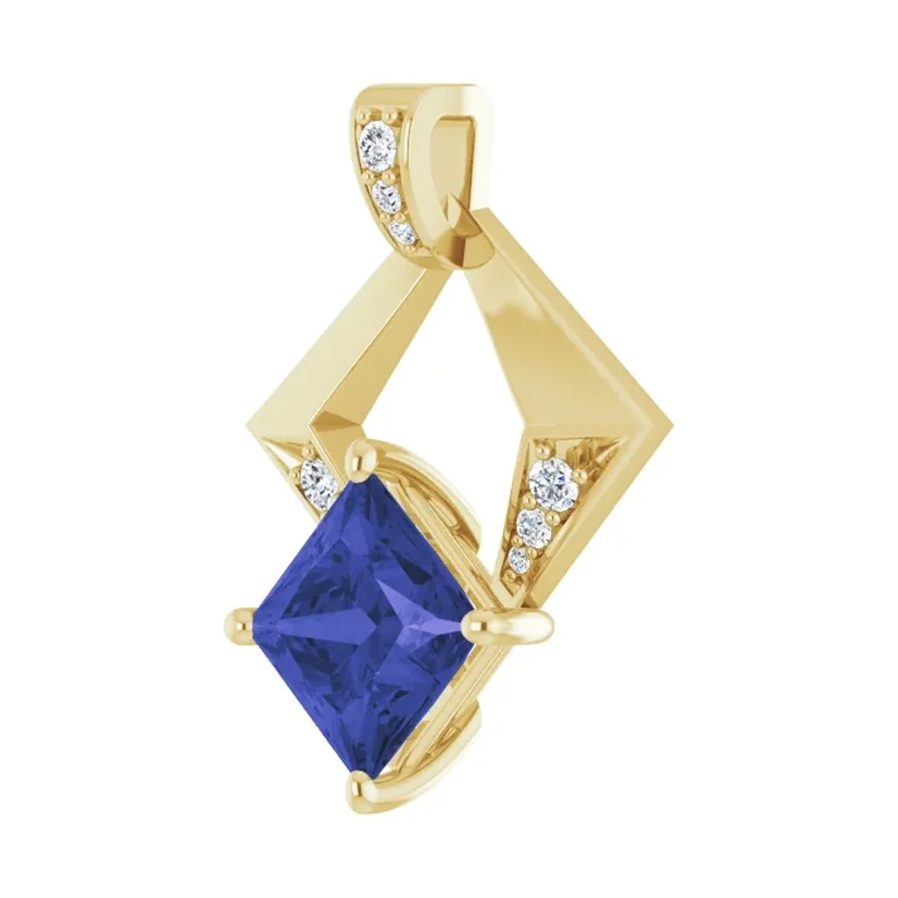 Gold jewelry pendant with a large blue diamond and small diamonds set in the gold