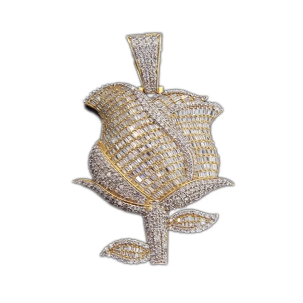 A gold and diamond pendant shaped like a rose with detailed petals and leaves.