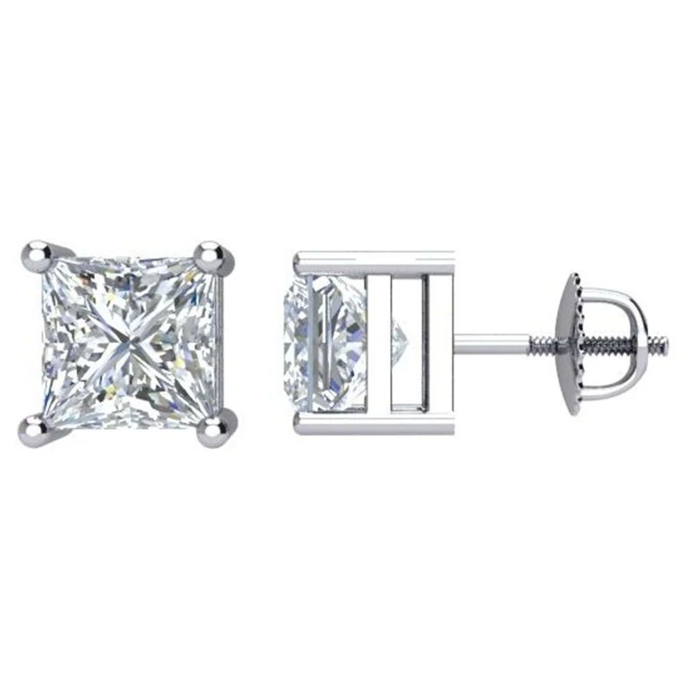 Silver stud earrings with square-cut clear gemstones, shown from front and side views.