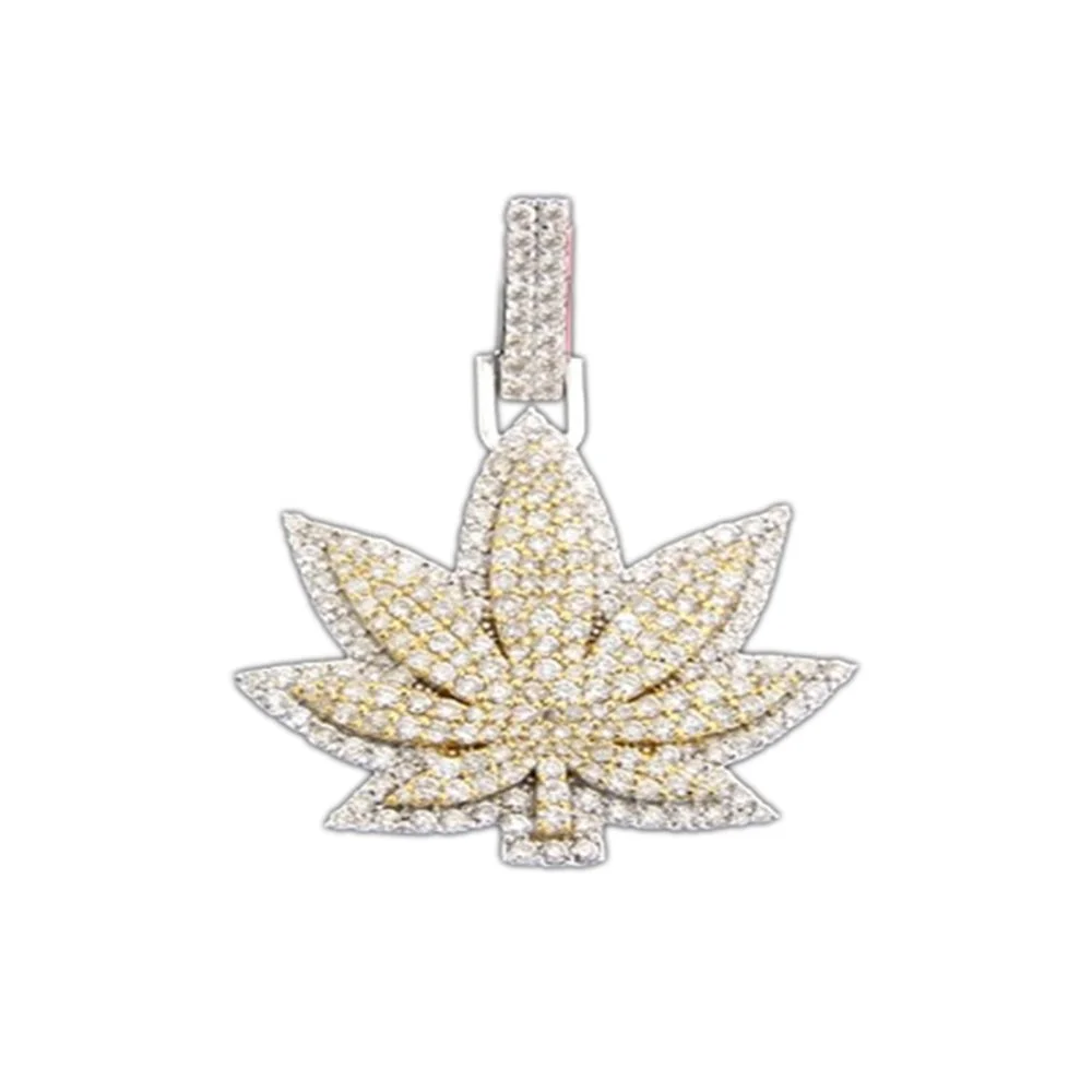 A pendant in the shape of a cannabis leaf, embellished with multiple small diamonds.