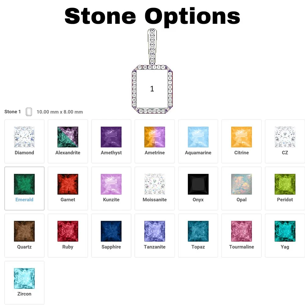 A chart showing different options for the shape and color of a stone, including legend with colors and names such as diamond, alexandrite, amethyst, and others, with a diagram of a pendant setting at the top.