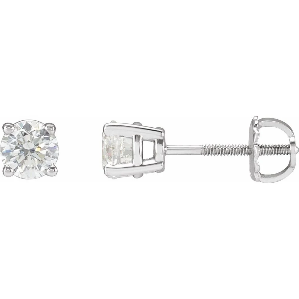 A pair of diamond stud earrings, with one earring showing the front view and the other showing the side profile of the screw-back post.