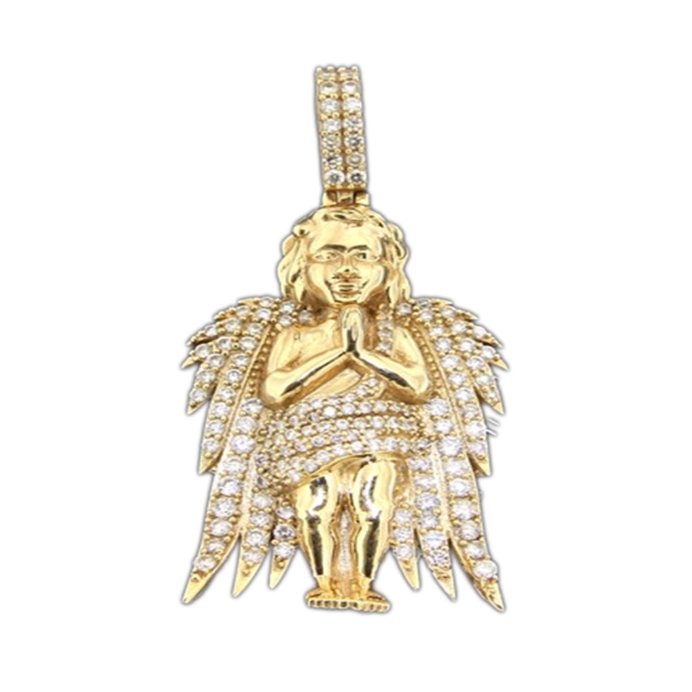 Gold pendant featuring a figure with hands in prayer, surrounded by a decorative feathered design, adorned with numerous small diamonds.