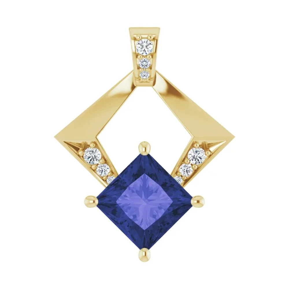 Gold pendant with a square blue gemstone and small clear gemstones arranged in a geometric design.