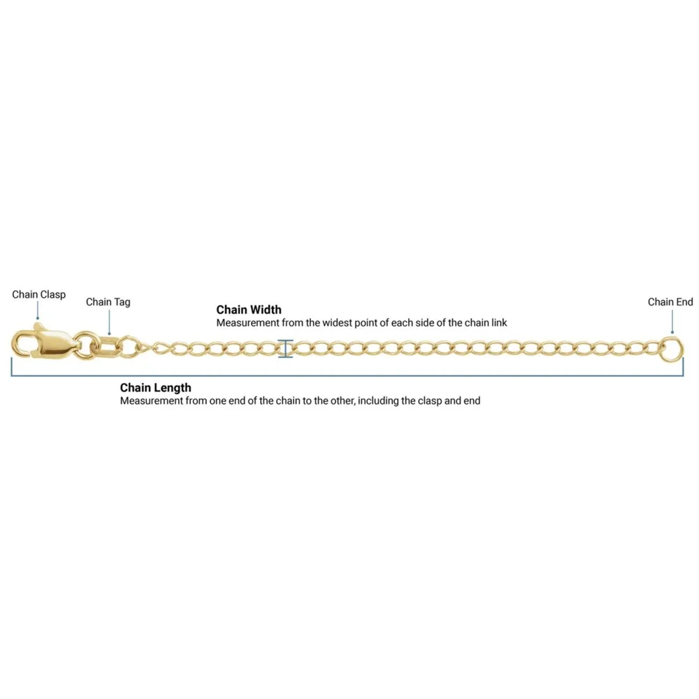 Diagram of a gold chain showing its components, including chain clasp, chain tag, chain width, chain length, and chain end.
