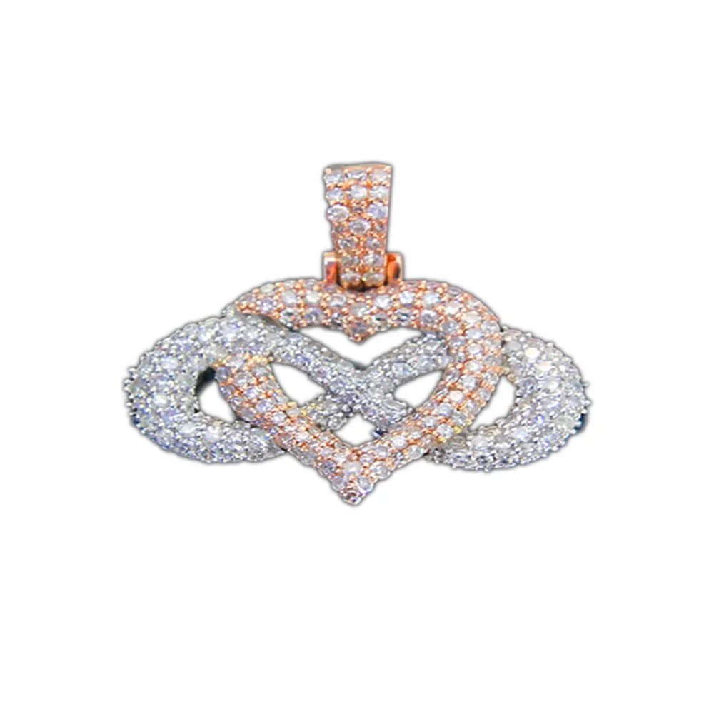 Diamond-encrusted pendant with intertwined heart and infinity symbols on a white background.