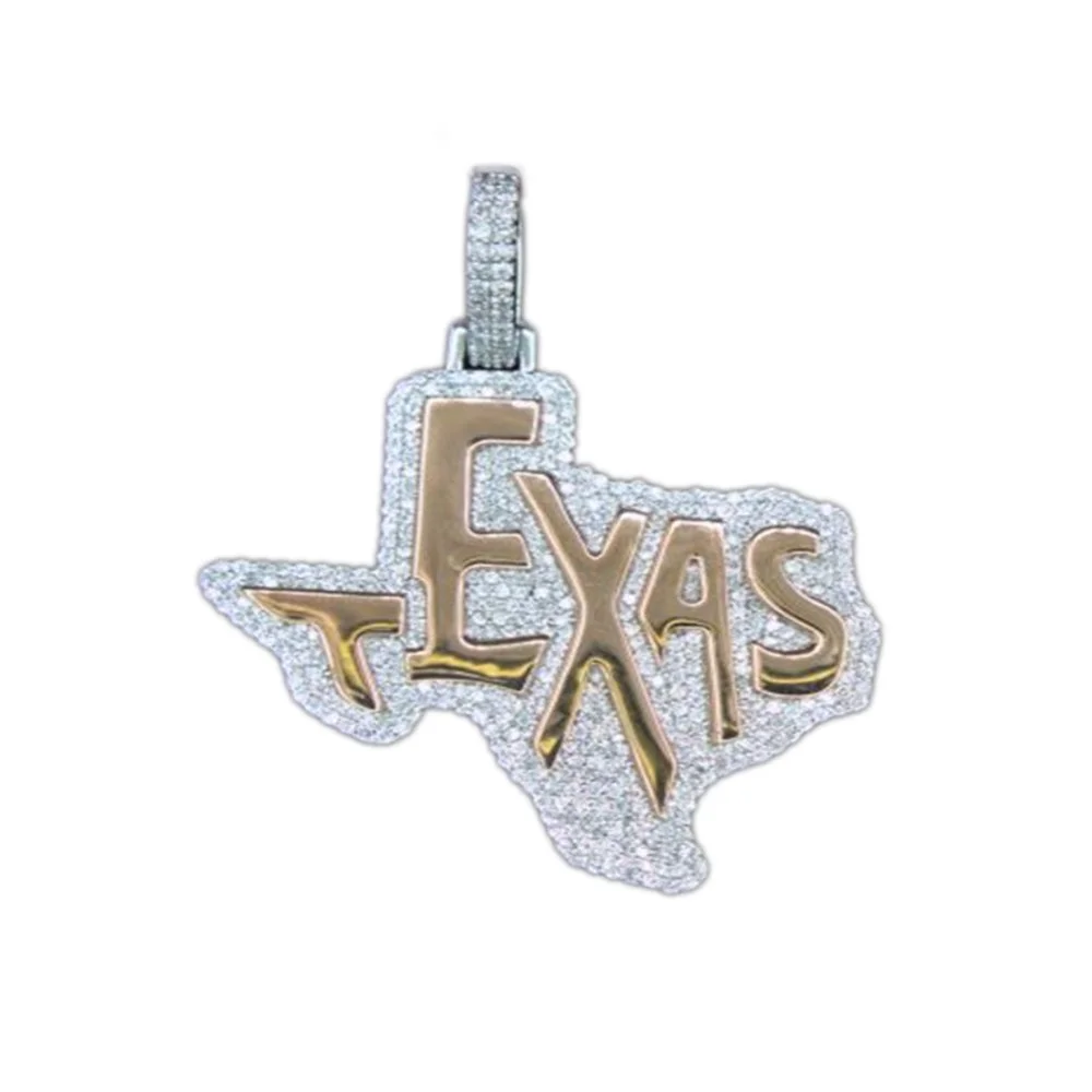 Pendant in the shape of Texas with the word "TEXAS" in gold letters, surrounded by small diamonds.