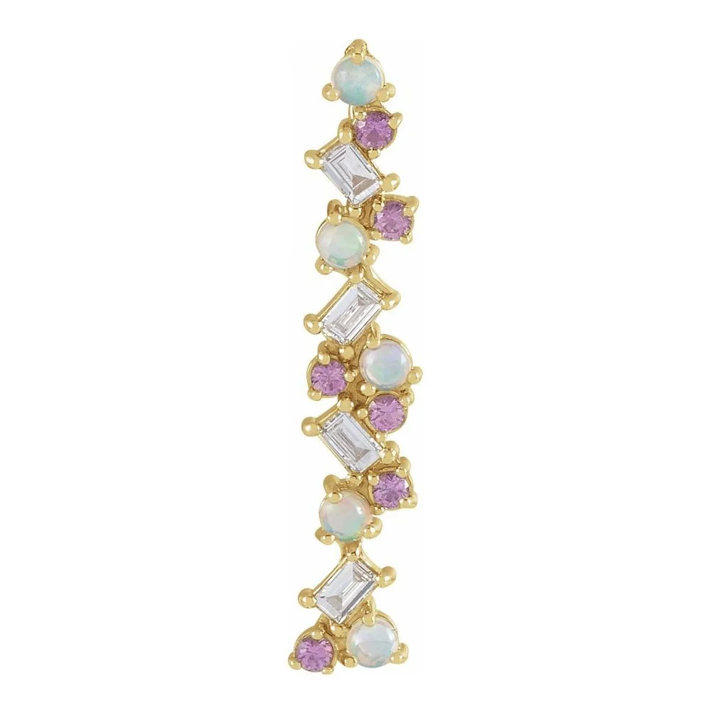 A vertical gold bracelet featuring alternating opal, pink gemstone, and clear rectangular gemstones.
