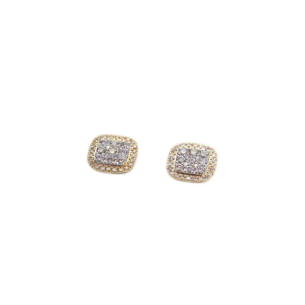 Pair of square-shaped diamond stud earrings with gold settings on a white background.