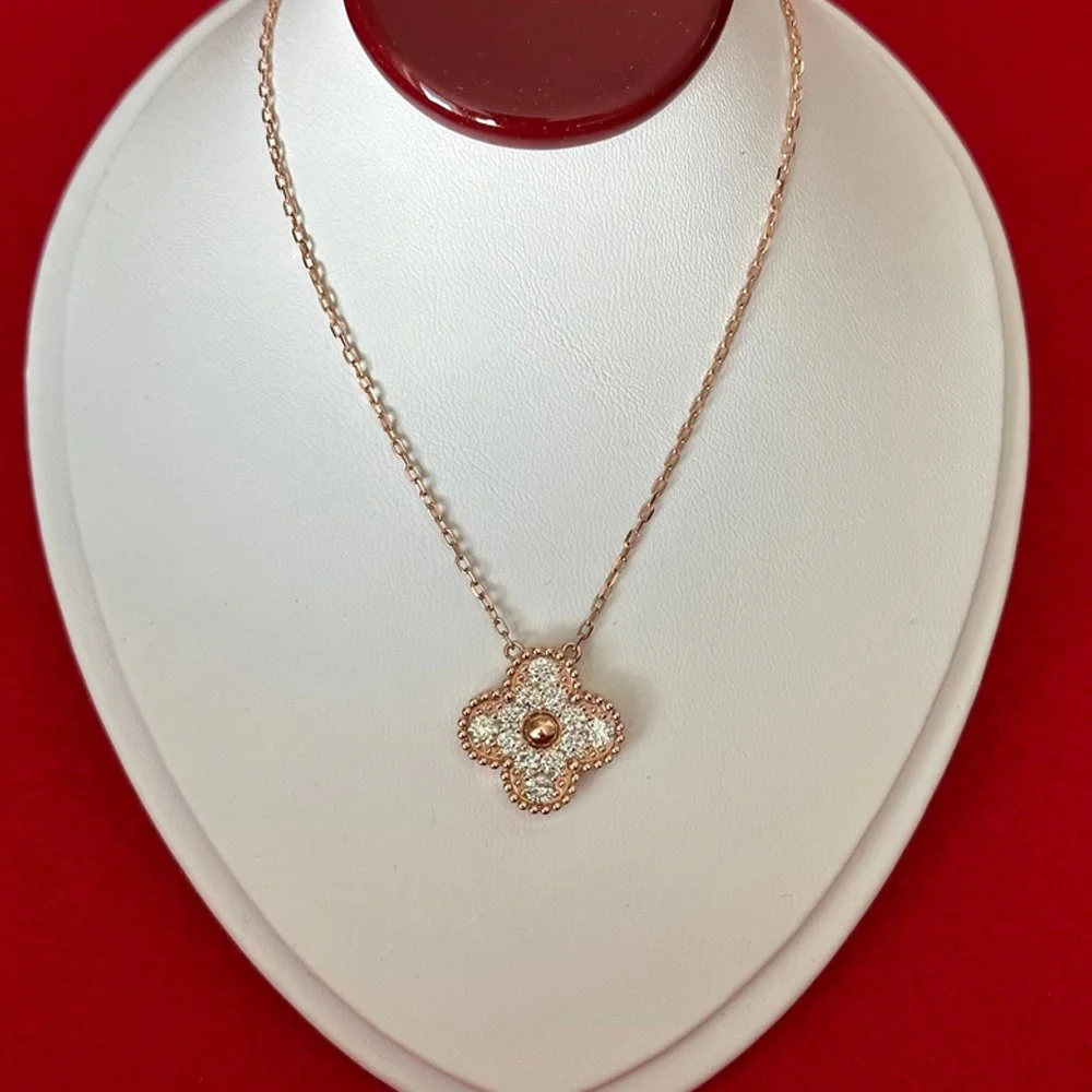 10K Rose Gold Diamond Alhambra Pendant Necklace