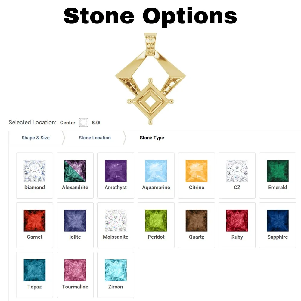 A jewelry selection screen showing various gemstone options for a pendant. The display features a gold pendant with a diamond-shaped design. Below are options for different stone types, including diamonds, alexandrite, amethyst, aquamarine, citrine, CZ, emerald, garnet, iolite, moissanite, peridot, quartz, ruby, sapphire, topaz, tourmaline, and zircon.