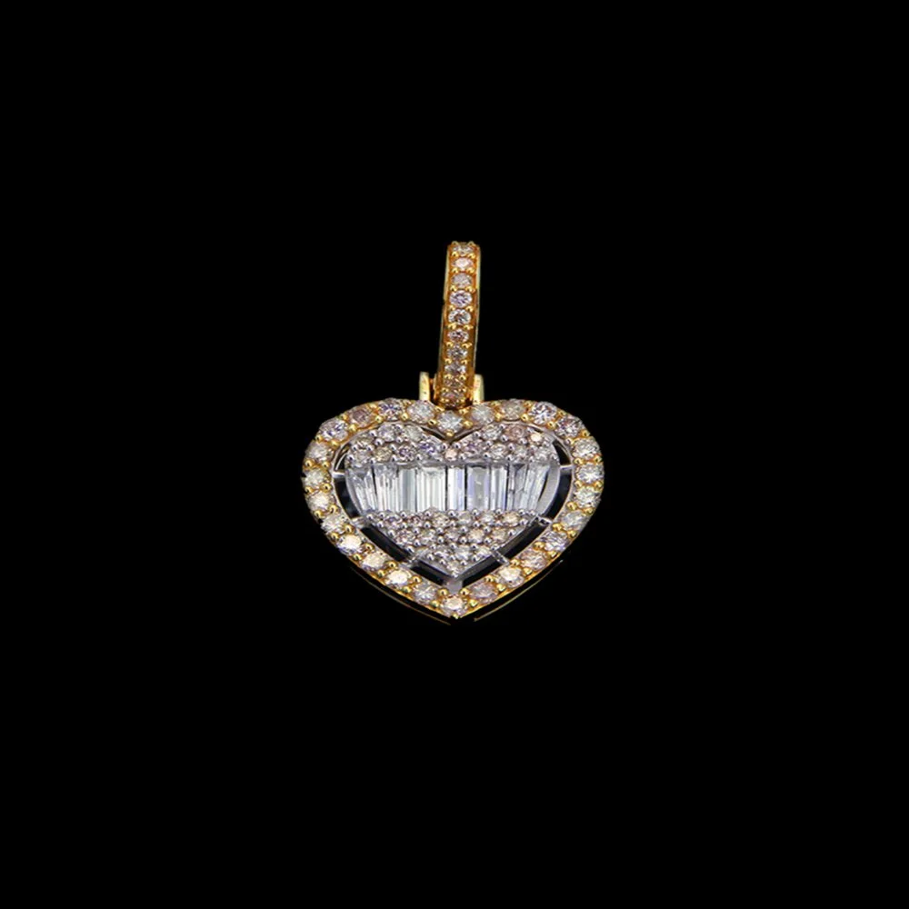 Gold heart-shaped charm pendant decorated with diamonds, set against a black background.