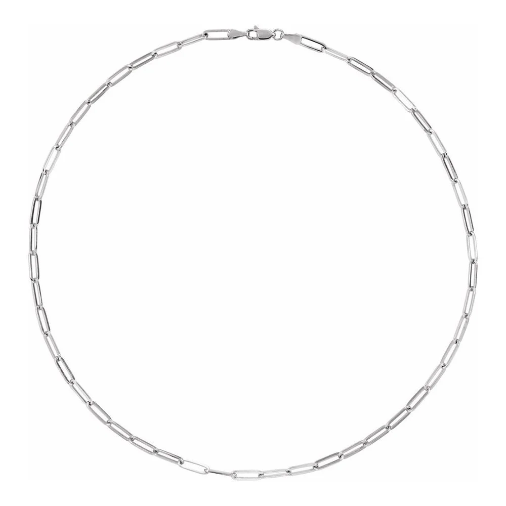 Silver chain necklace with elongated links on a white background.