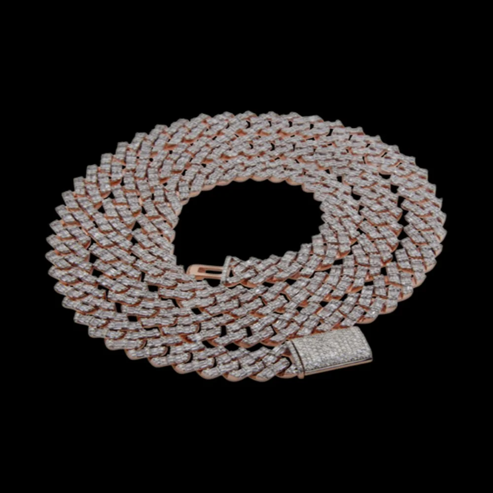 Rose gold diamond-encrusted chain necklace coiled on a black background.