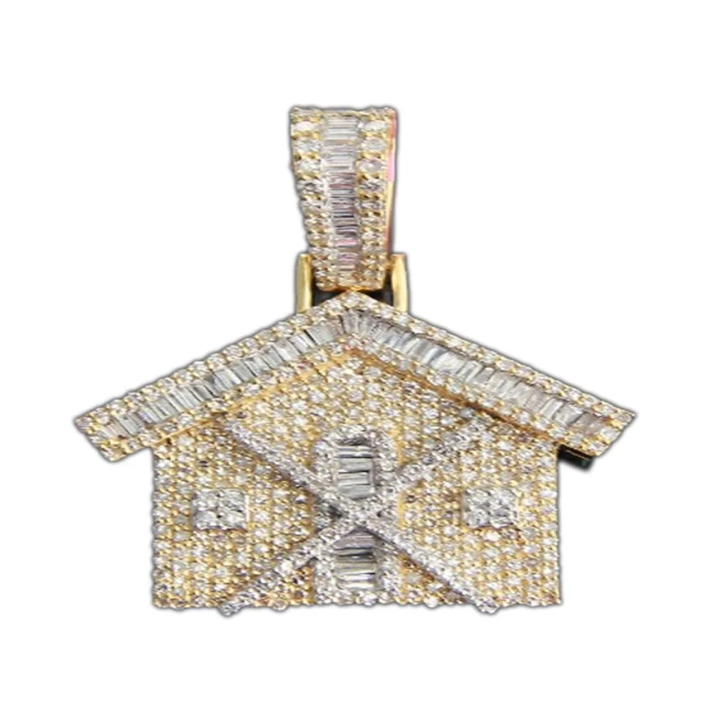 Gold and diamond pendant in the shape of a house with a hinged roof, covered in small diamonds.