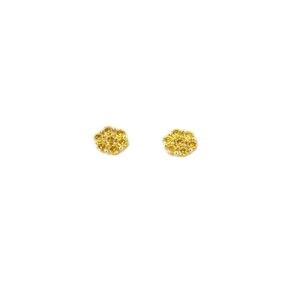 Pair of gold flower-shaped earrings with small yellow gemstones on a white background.