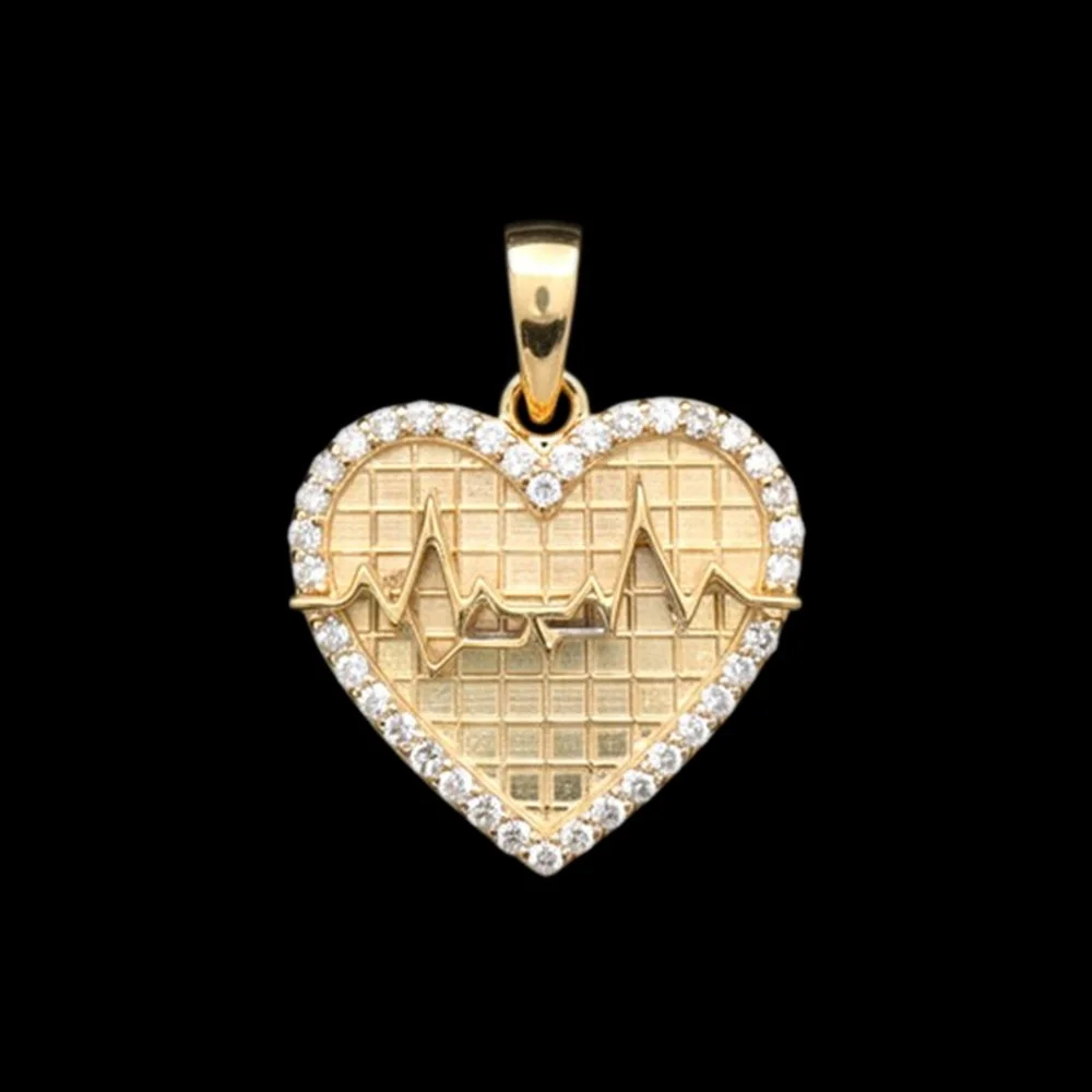 Gold heart-shaped pendant with embedded clear stones and a heart monitor heartbeat line design, set against a black background.