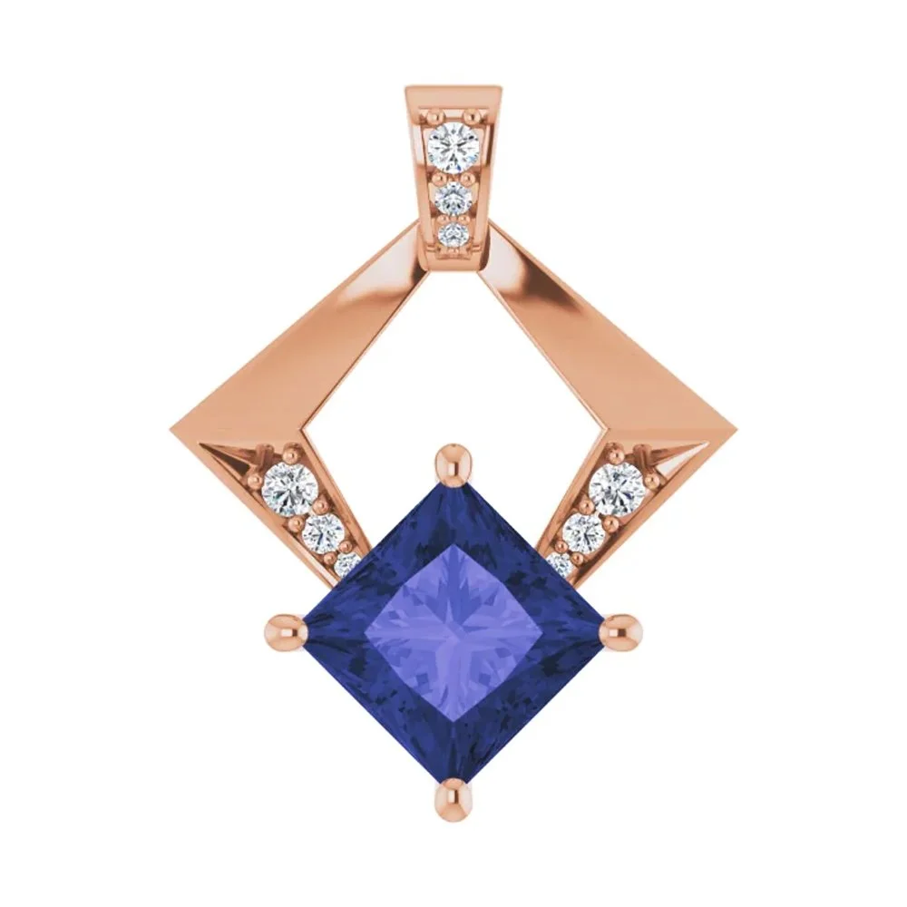 A rose gold pendant with diamond accents and a large square blue gemstone
