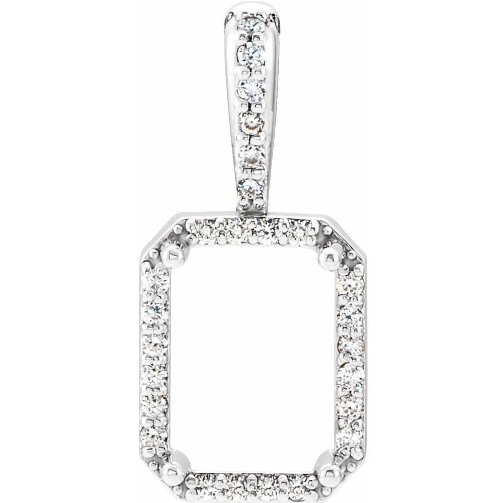A silver pendant with a rectangular open frame lined with small clear gemstones and a bail also decorated with gemstones.