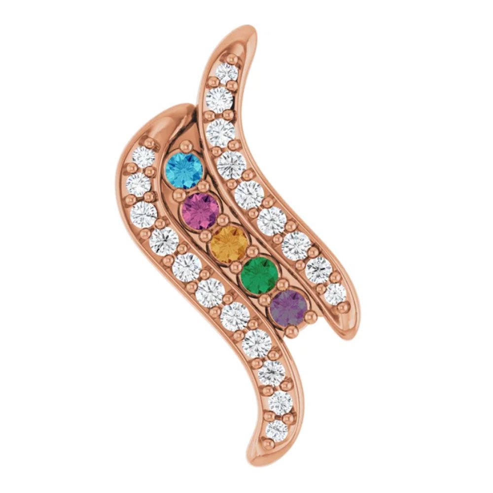 A rose gold swirl ear cuff adorned with multicolored and clear gemstones arranged in a curving pattern.