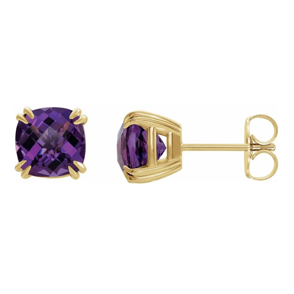 Gold stud earrings with large purple gemstones.