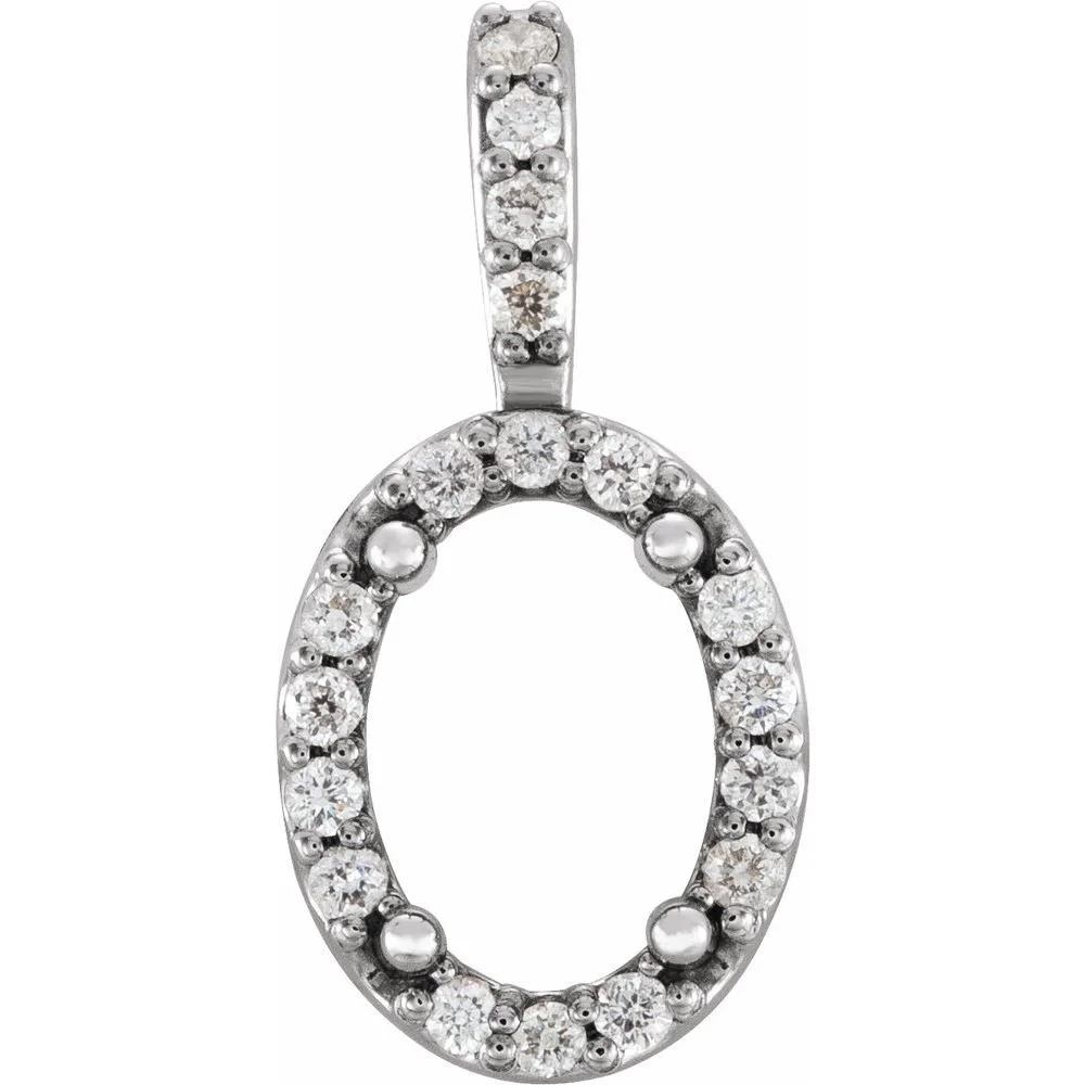 A silver pendant shaped like an oval with a small bail at the top, decorated with multiple clear gemstones, possibly diamonds.