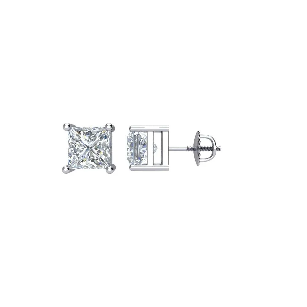 A pair of silver stud earrings with square-shaped diamonds.