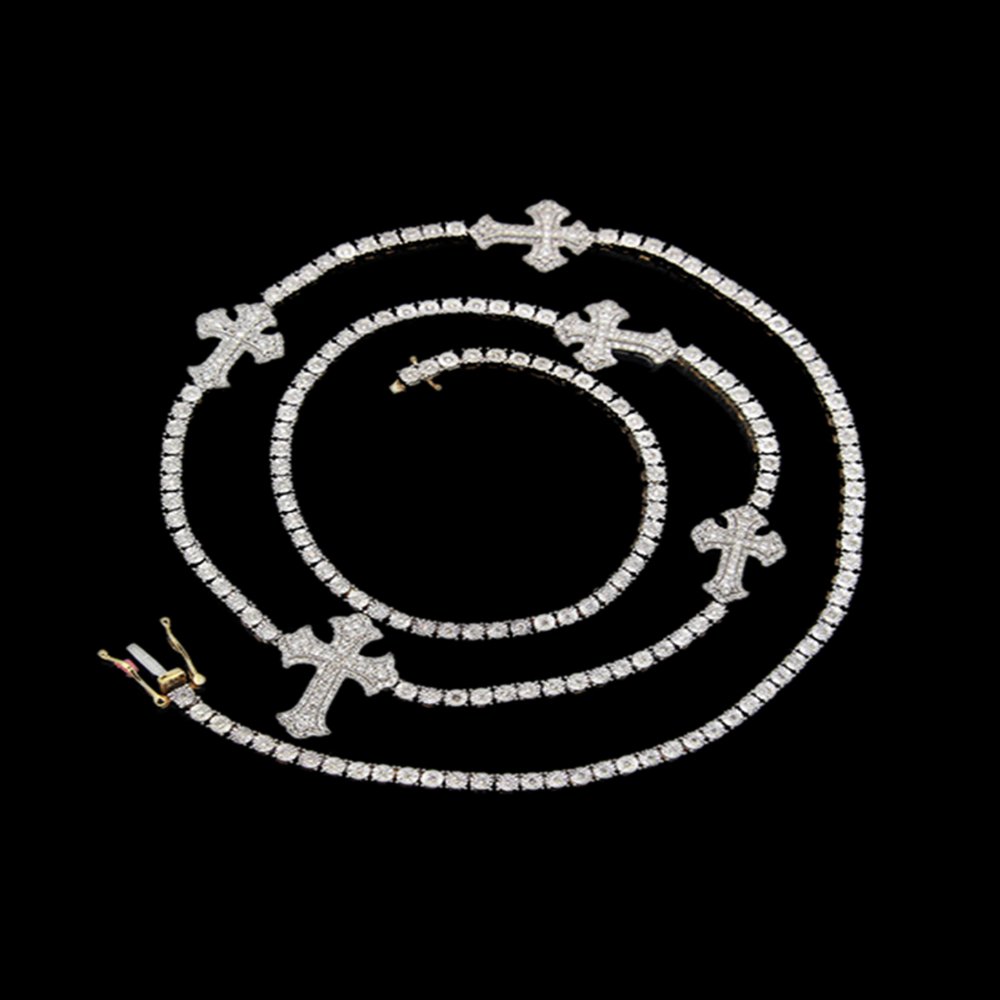 A diamond necklace with cross-shaped pendants displayed against a black background.
