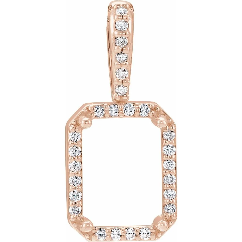 Rose gold pendant with square shaped open frame adorned with small diamonds.