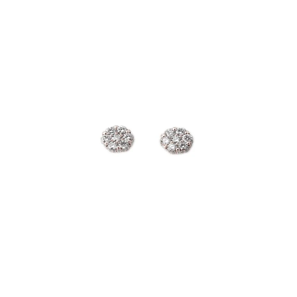 Pair of round diamond stud earrings on a white background.