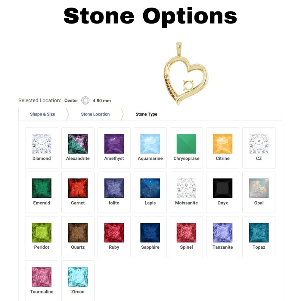 Screenshot of a jewelry design interface showing various stone options including diamond, alexandrite, amethyst, aquamarine, chrysoprase, citrine, CZ, emerald, garnet, iolite, lapis, moissanite, onyx, opal, peridot, quartz, ruby, sapphire, spinel, tanzanite, topaz, tourmaline, and zircon. An image of a gold heart-shaped pendant with a small circle and loop is displayed. The title at the top says 'Stone Options' and the selected location is 'Center' with a size of 4.80 mm.