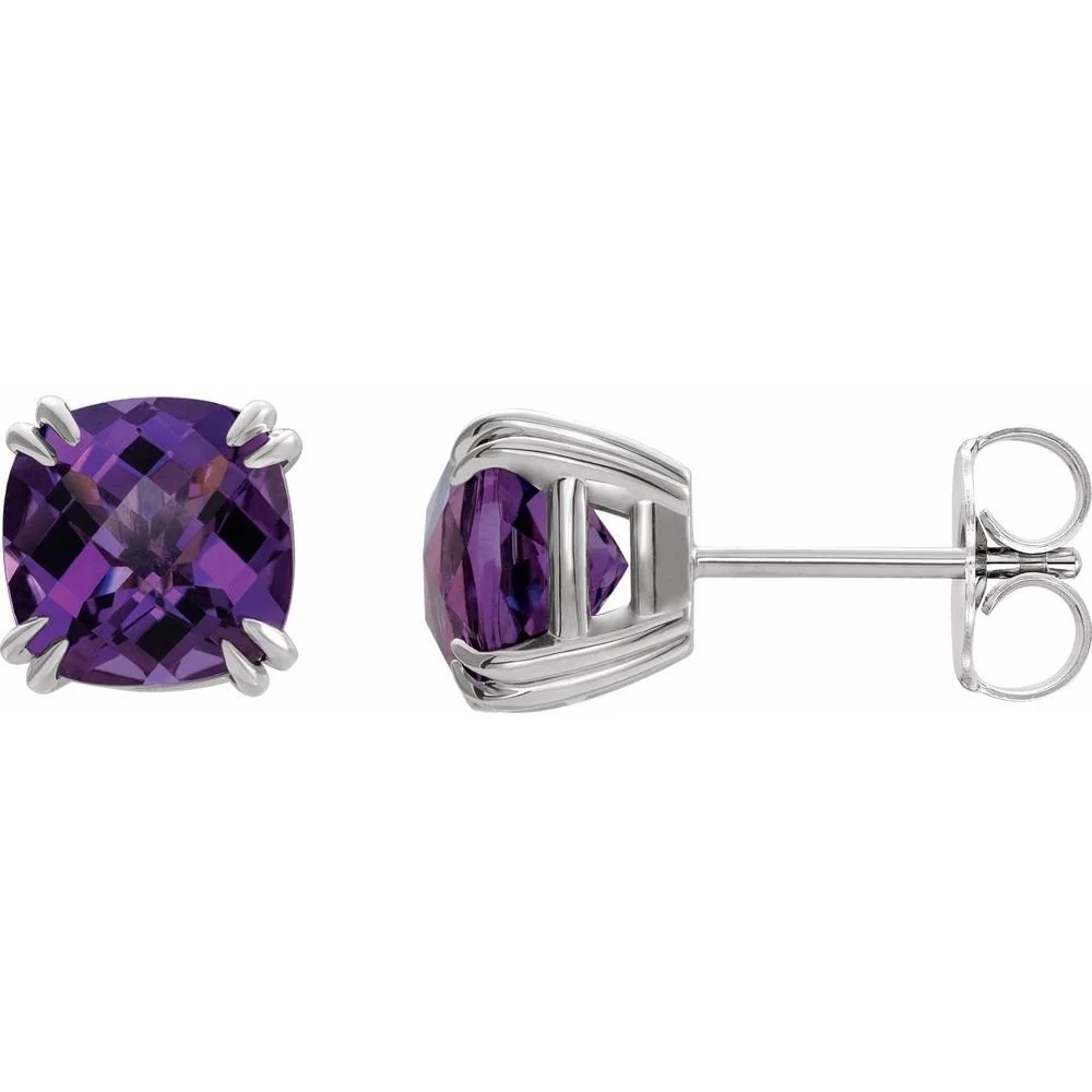 Silver stud earrings with large purple gemstones.