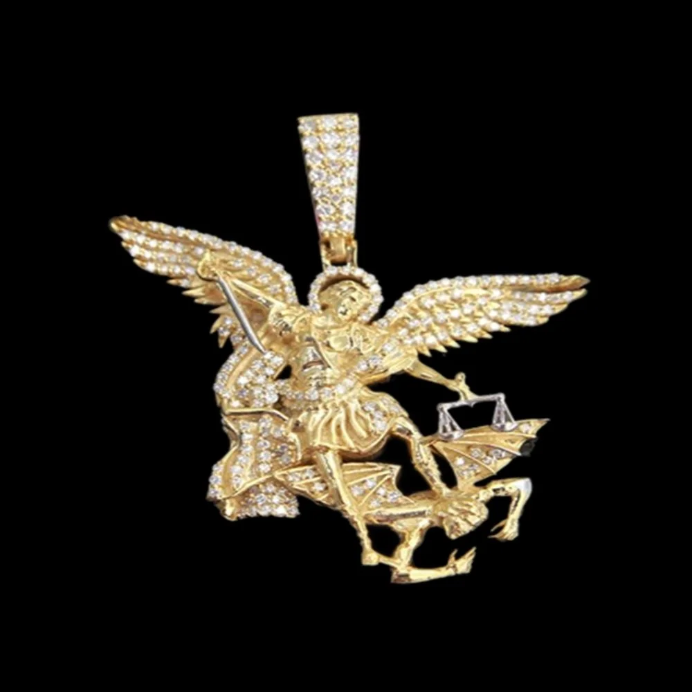 Gold pendant featuring an angel with wings, holding a sword and shield, decorated with diamonds, set against a black background.
