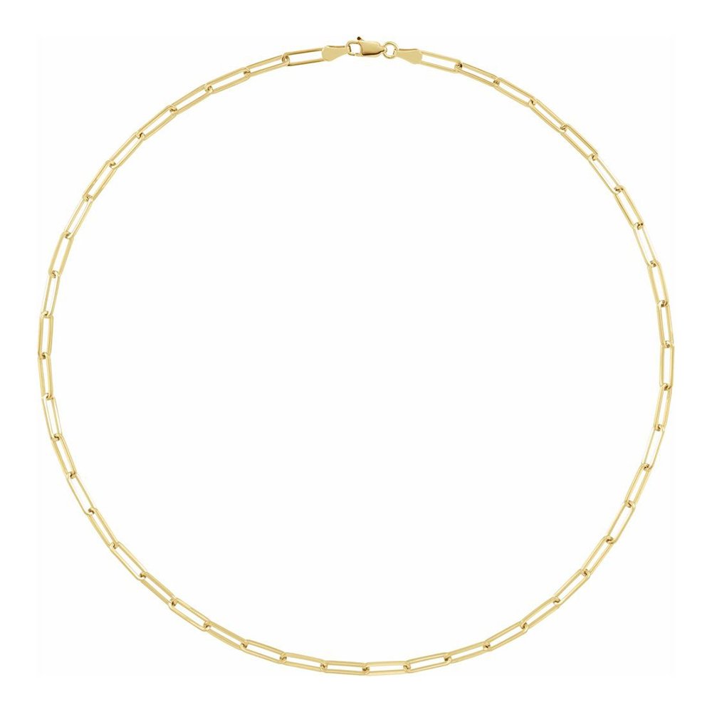 Gold chain necklace with elongated rectangular links and a clasp, displayed against a white background.
