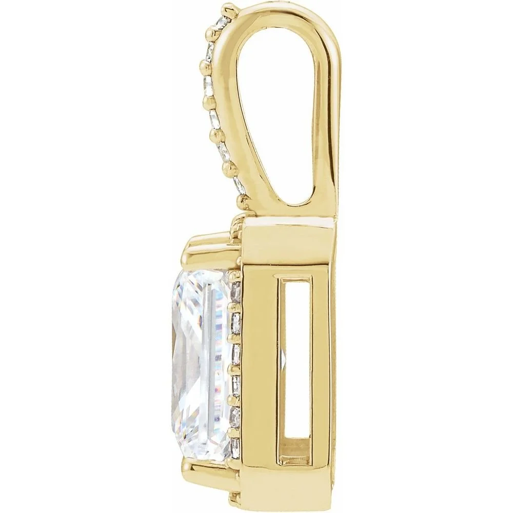 Gold pendant with a large clear gemstone and small embedded diamonds.