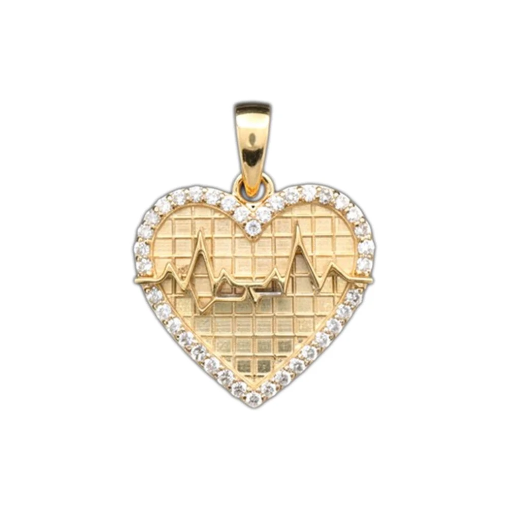 Gold heart-shaped pendant with diamond border and electrocardiogram line inside