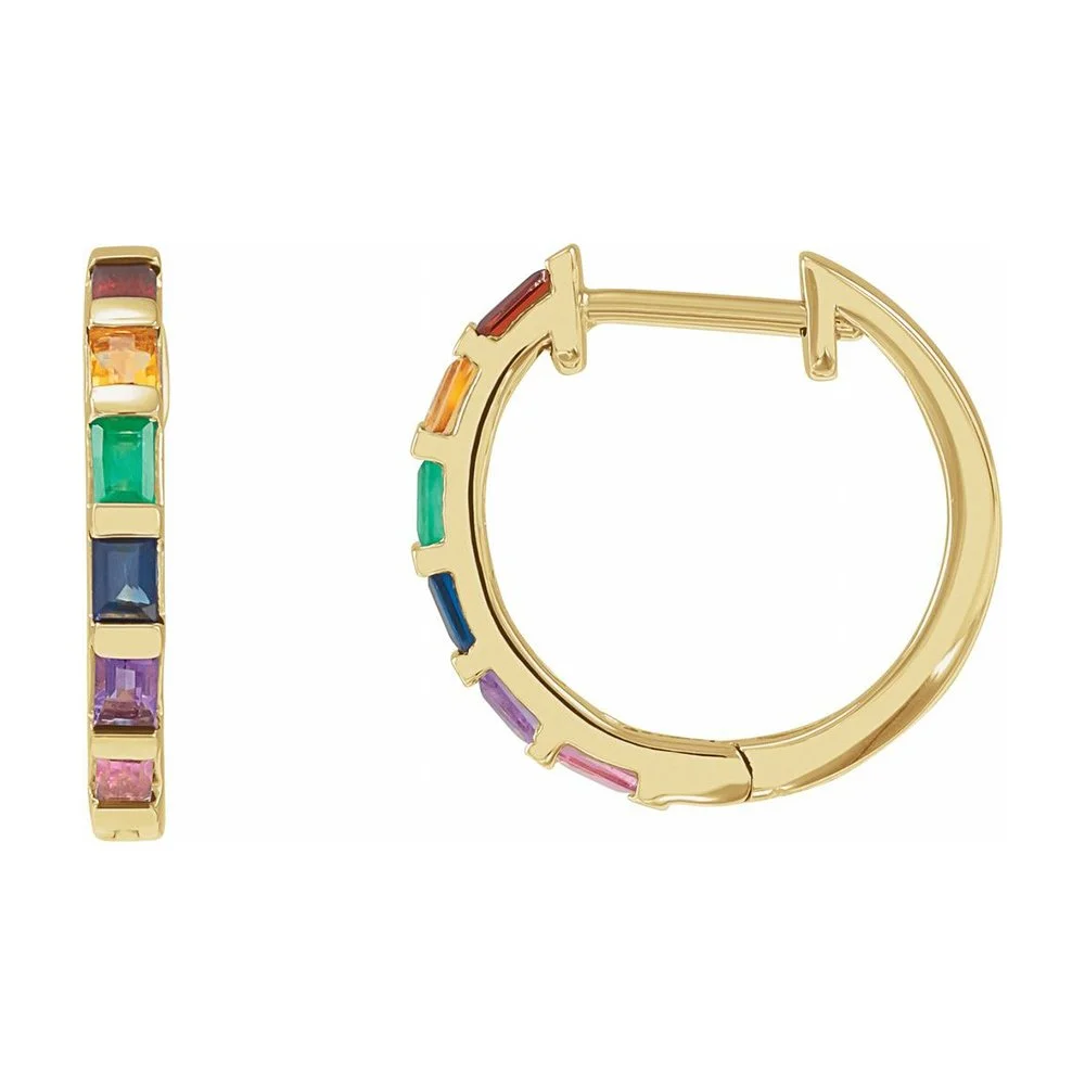 Gold hoop earrings with rainbow-colored rectangular gemstones.
