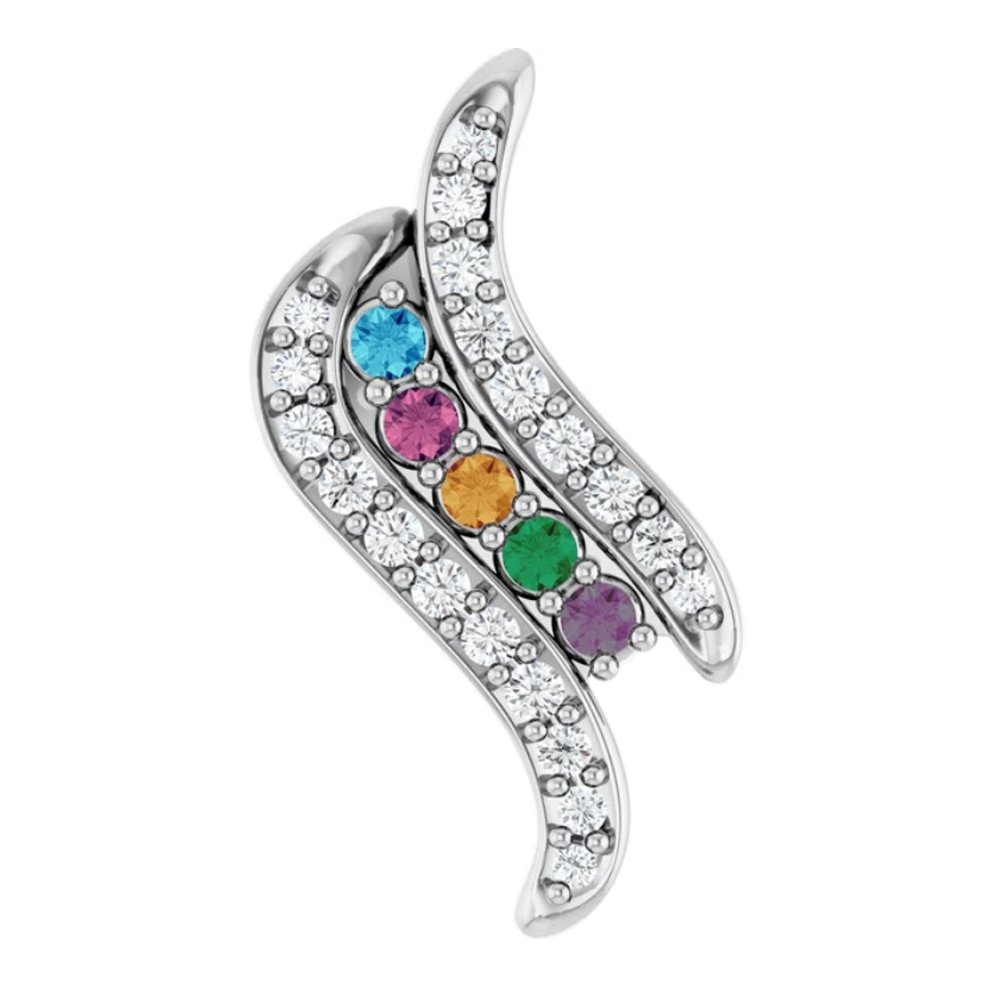 Silver brooch shaped like a curved ribbon, decorated with small clear rhinestones and five larger multicolored gemstones in a row, including blue, pink, orange, green, and purple.