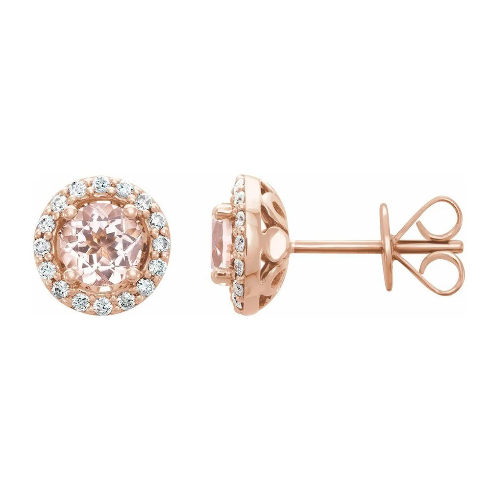 Rose gold stud earrings with central pink gemstone surrounded by small clear stones.