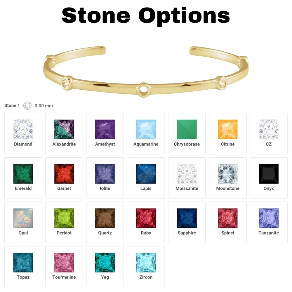 A gold-colored bracelet with circular indents, labeled 'Stone Options,' featuring a chart with various gemstone options including diamond, alexandrite, amethyst, aquamarine, chrysoprase, citrine, CZ, emerald, garnet, iolite, lapis, moissanite, moonstone, onyx, opal, peridot, quartz, ruby, sapphire, spinel, tanzanite, topaz, tourmaline, yag, and zircon, with a note indicating a stone size of 3.00 mm.