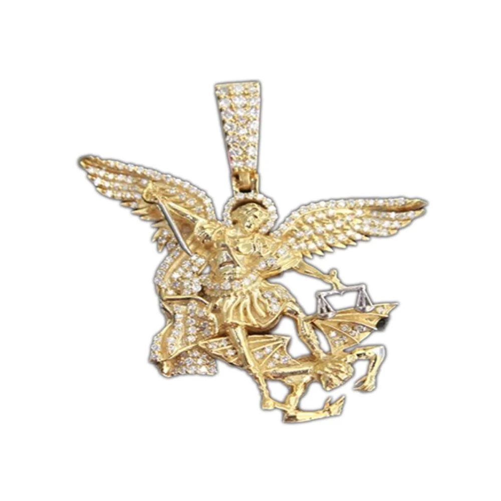 Gold pendant featuring a winged angel and a scorpion, decorated with small diamonds.