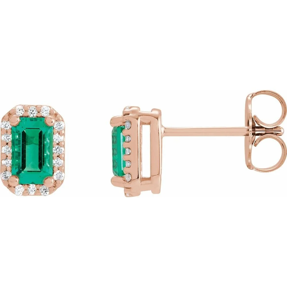 Rose gold earrings featuring rectangular green gemstones surrounded by small clear stones.