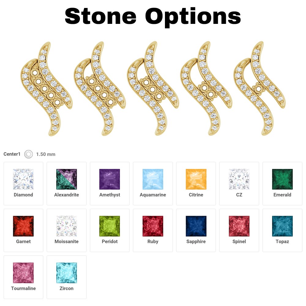 A selection of gold jewelry pieces shaped like curved stones, decorated with small diamonds, labeled as stone options.