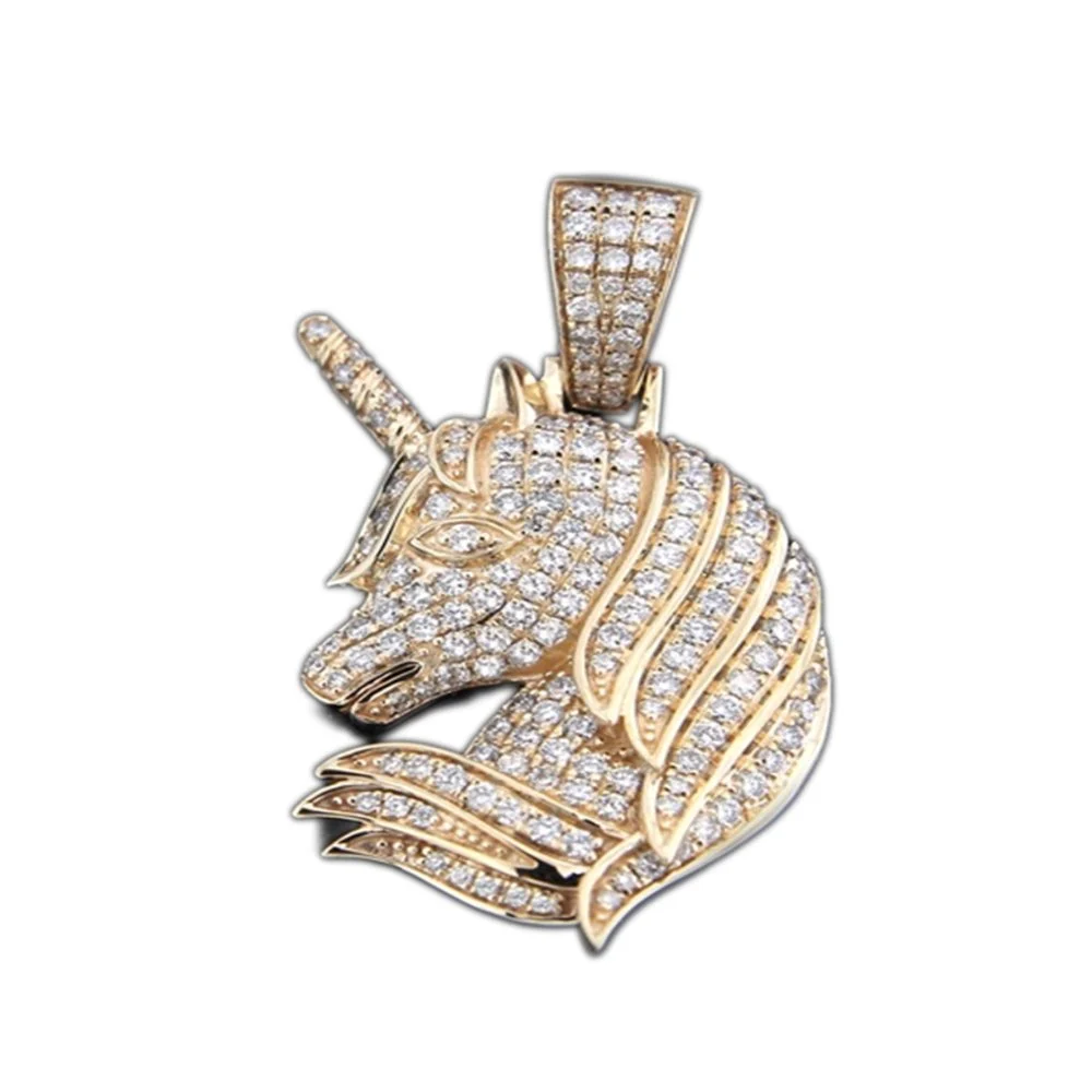 Gold and diamond unicorn pendant on a white background.