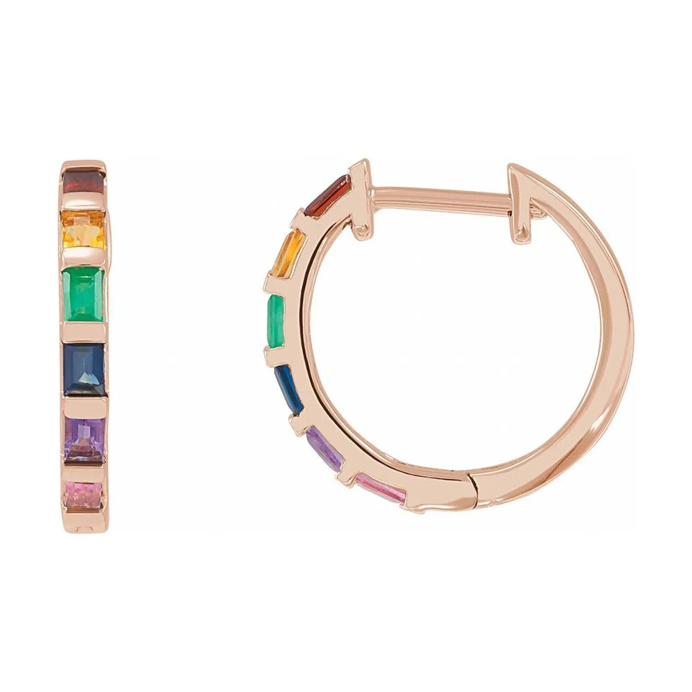 Rose gold hoop earrings decorated with multicolored rectangular gemstones in a rainbow pattern.