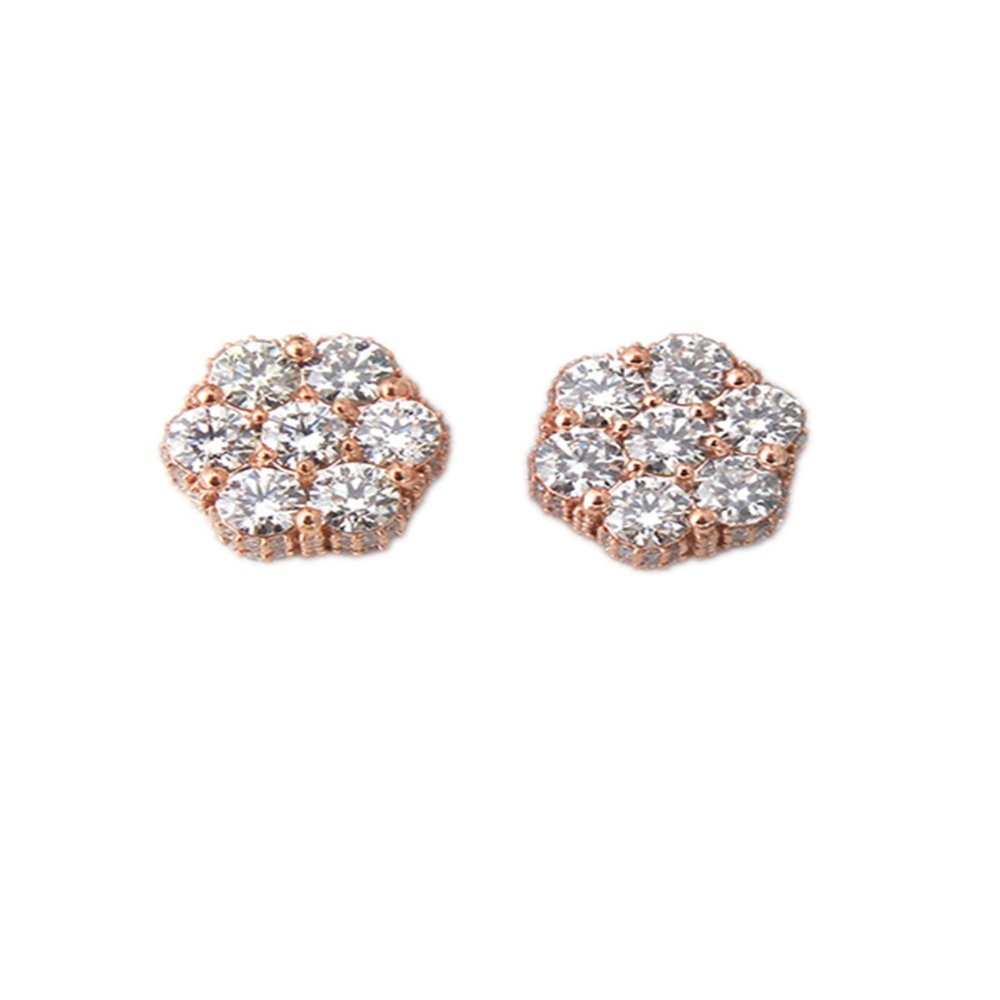 A pair of crystal-studded rose gold earrings with a floral design.