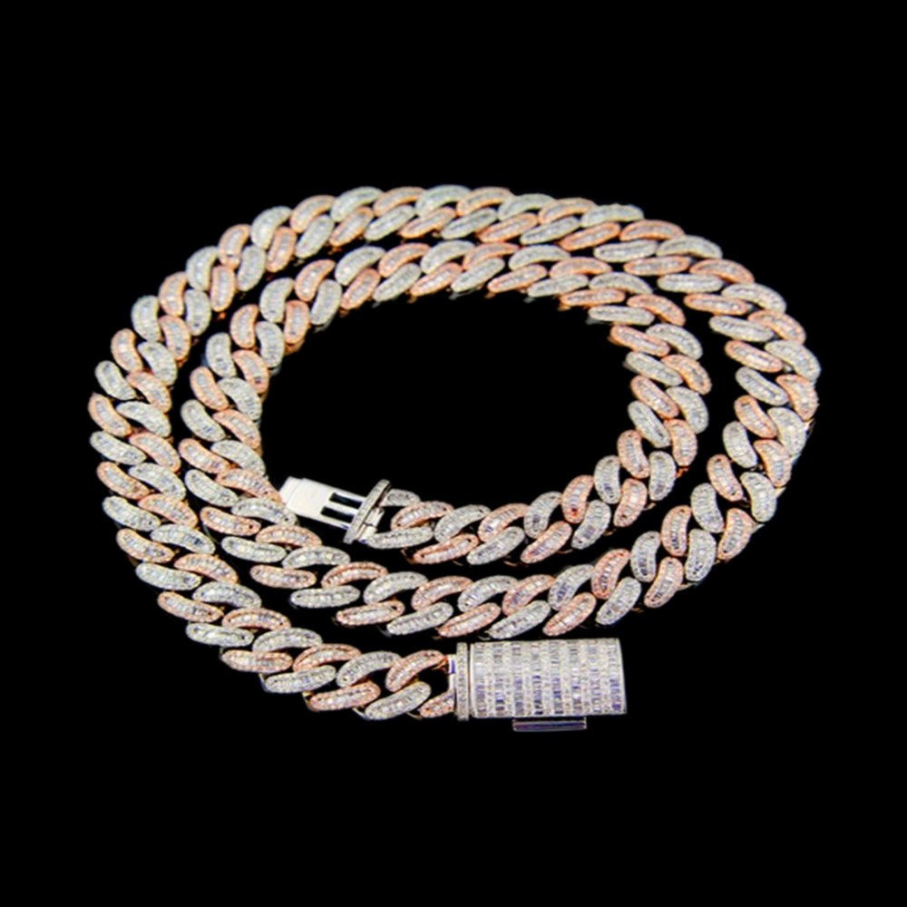 A luxurious silver and rose gold chain necklace with diamond accents on a black background.