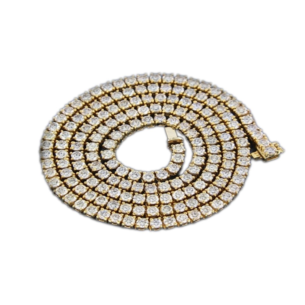 A coiled gold necklace with multiple rows of sparkling diamonds.
